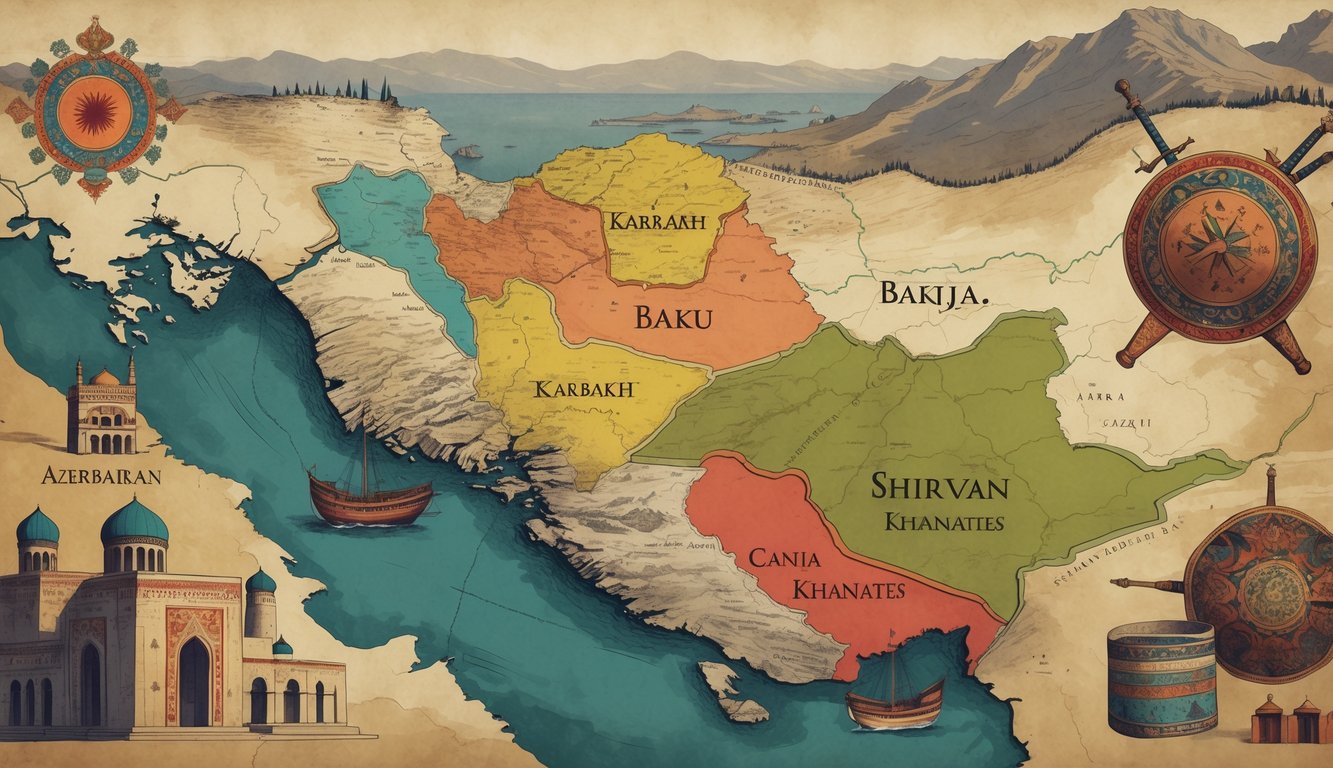 An antique map of Azerbaijan showing the historical Khanates with shifting borders, surrounded by traditional architecture, ancient manuscripts, and period weapons.