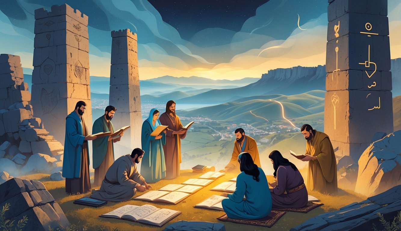 A group of scholars examining ancient artifacts and manuscripts near the Maiden Tower, with a background showing Baku’s skyline alongside ancient ruins and mysterious glowing symbols.