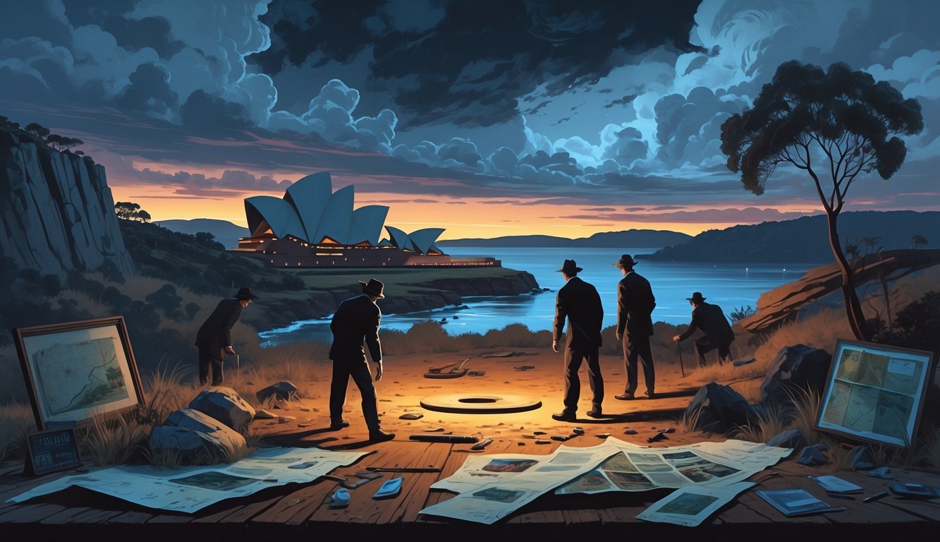 A mysterious Australian landscape at dusk with shadowy figures examining ancient rock art and scattered old maps and artifacts under a dramatic sky.