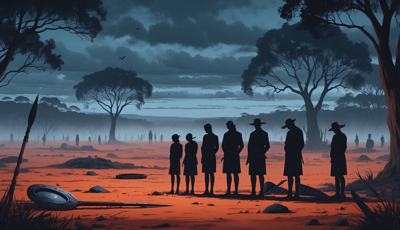 A somber Australian outback landscape at dusk with Indigenous figures standing together in grief, surrounded by traditional artifacts and ghostly ancestral figures among eucalyptus trees.
