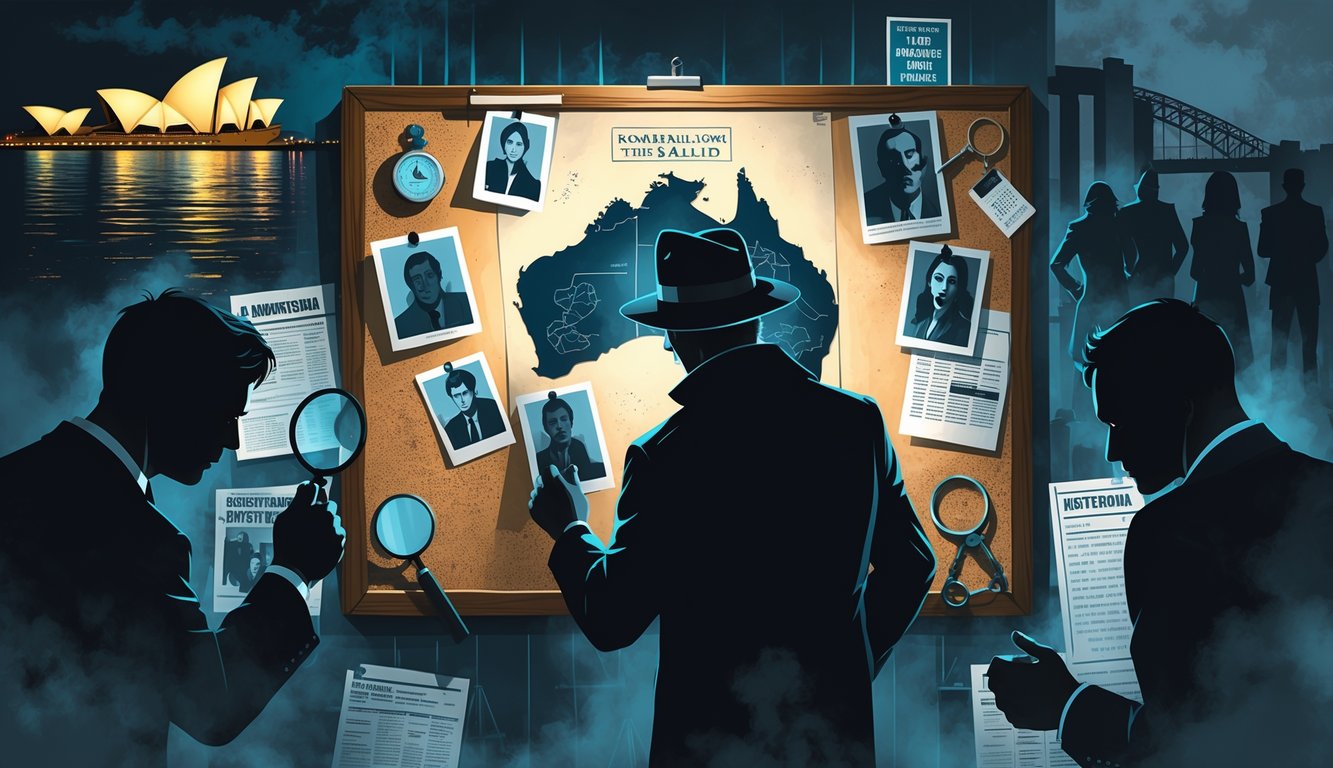 A detective studies crime scene photos on a corkboard with Australian landmarks in the background, surrounded by mysterious figures and symbols of social impact.