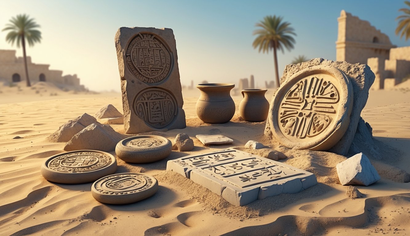A collection of ancient Bahraini artifacts including carved seals, pottery shards, and a stone tablet arranged on sandy ground with ruins and palm trees in the background near the coastline.