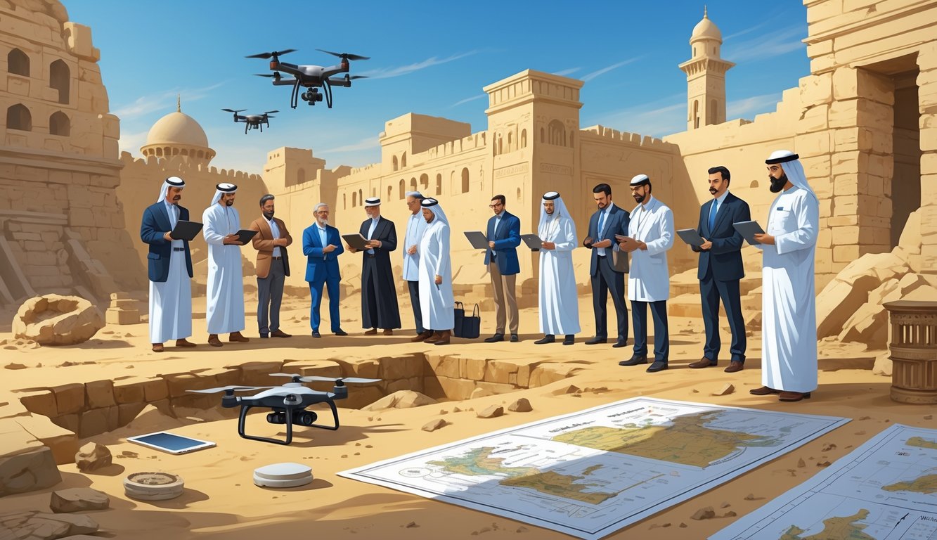 Researchers examining ancient ruins and artifacts at an excavation site in Bahrain using modern equipment under a clear sky.