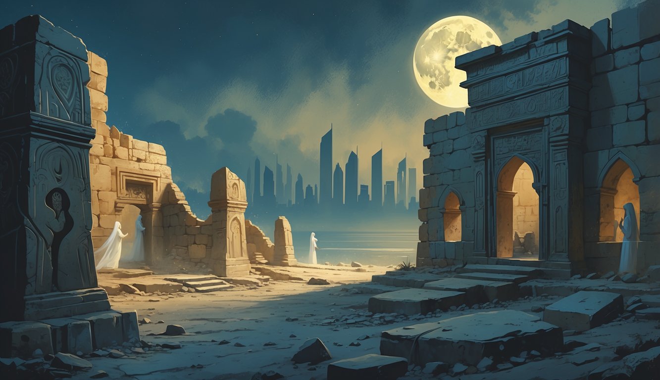 An ancient stone ruin site under moonlight with faint ghostly figures, set against a misty skyline of Bahrain.