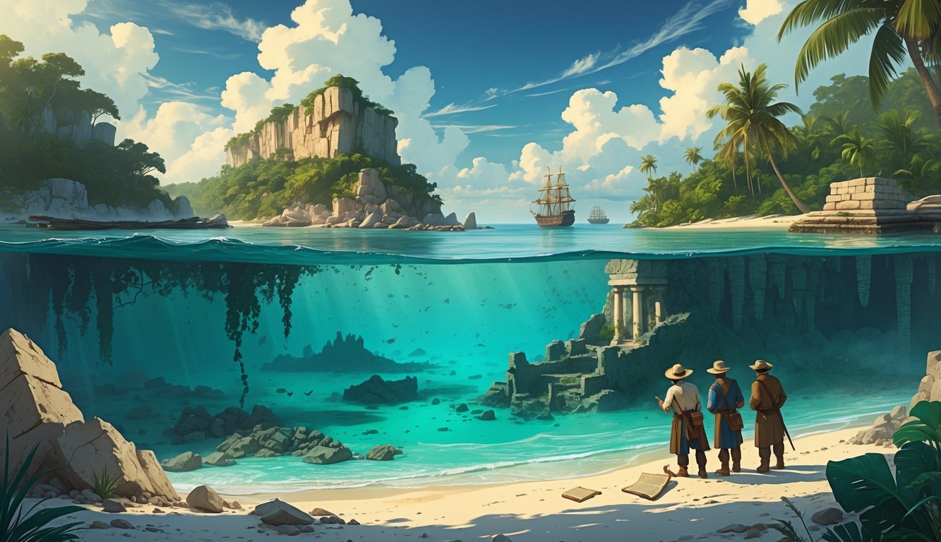 An illustration showing underwater ruins, tropical islands with hidden caves, explorers examining maps and artifacts, and pirate ships on the horizon.