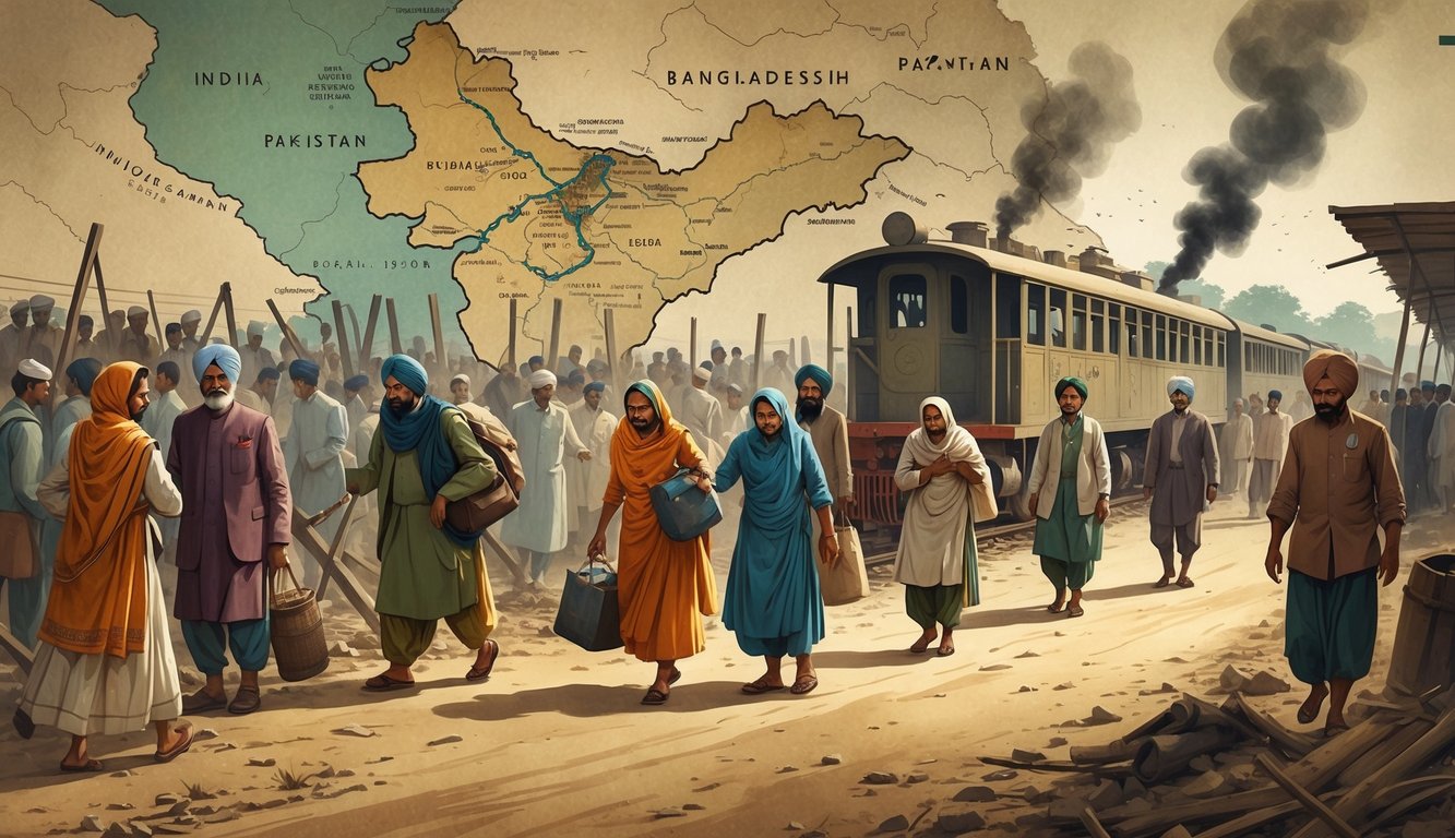 People from different communities carrying belongings and walking along dusty roads with a map of India, Pakistan, and Bengal in the background, showing the division and turmoil during the Partition.
