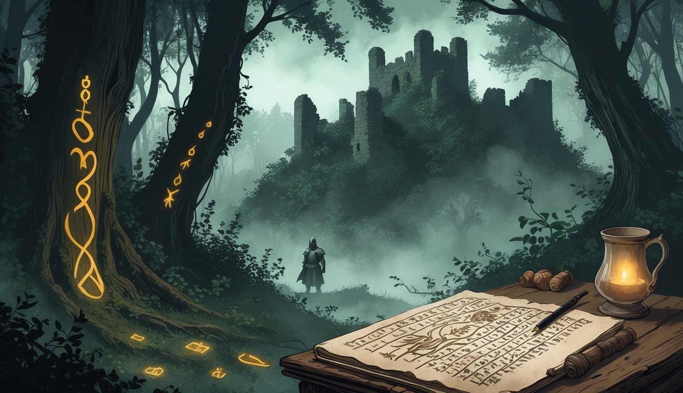 A misty forest with glowing symbols on trees, ruins of a medieval castle on a hill, a faint ghostly knight figure, and an ancient manuscript on a wooden table, all suggesting historical mysteries in Belarus.