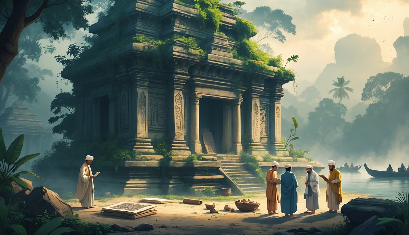 An ancient temple overgrown with plants, surrounded by carvings representing different religions, with scholars examining artifacts nearby and a misty river in the background.
