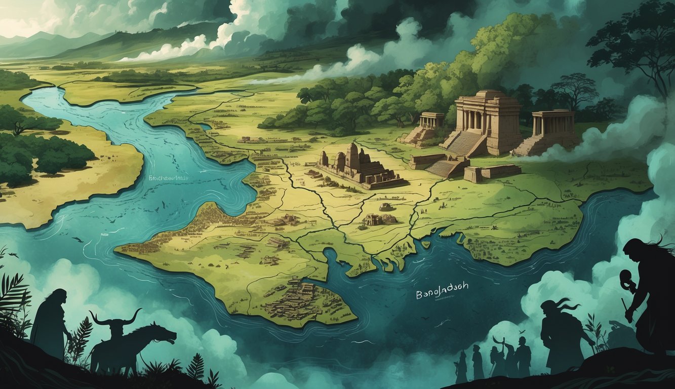 A map of Bangladesh surrounded by ancient ruins, river deltas, mangrove forests, monsoon clouds, and ghostly figures representing historical mysteries and environmental puzzles.