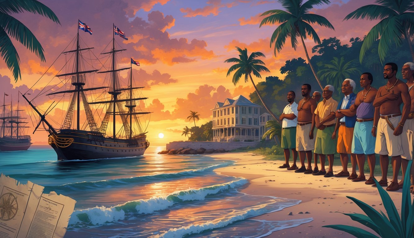 A tropical island scene showing colonial-era ships and buildings on one side and a group of Bahamian people holding symbols of freedom on the other, with a sunset sky and ocean connecting both sides.