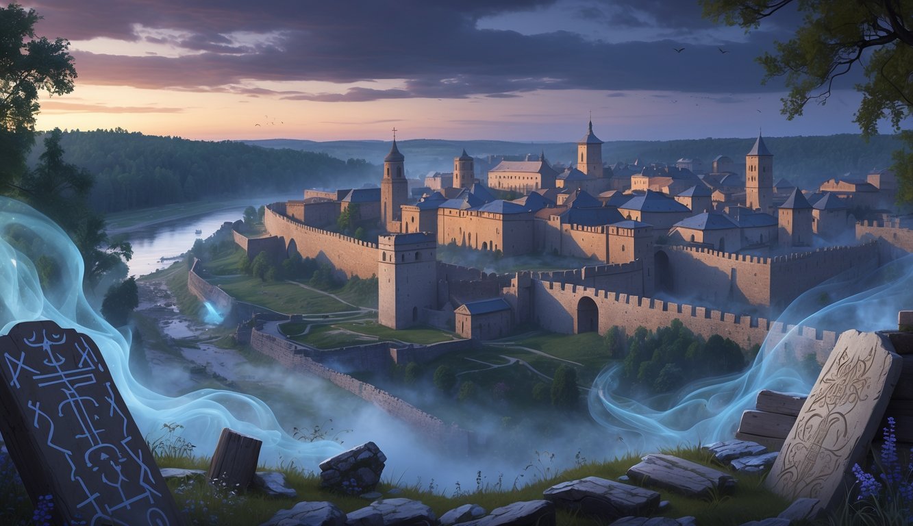 A view of ancient Polotsk city with medieval buildings, mysterious stone carvings, misty atmosphere, ghostly figures, and a river surrounded by dense forest.