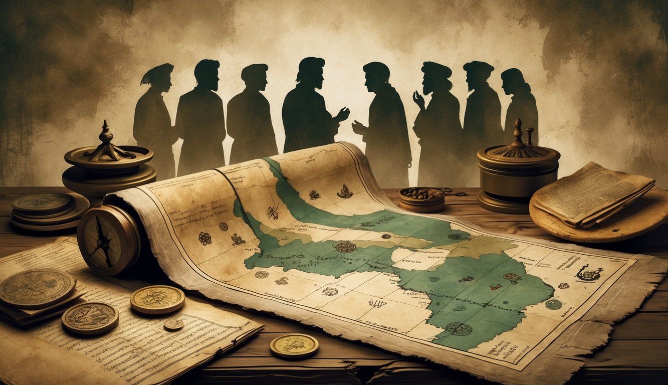 An ancient map of the Bengal region on a wooden table surrounded by historical artifacts like coins, textiles, manuscripts, and a compass, with faint silhouettes of historical figures in the background.