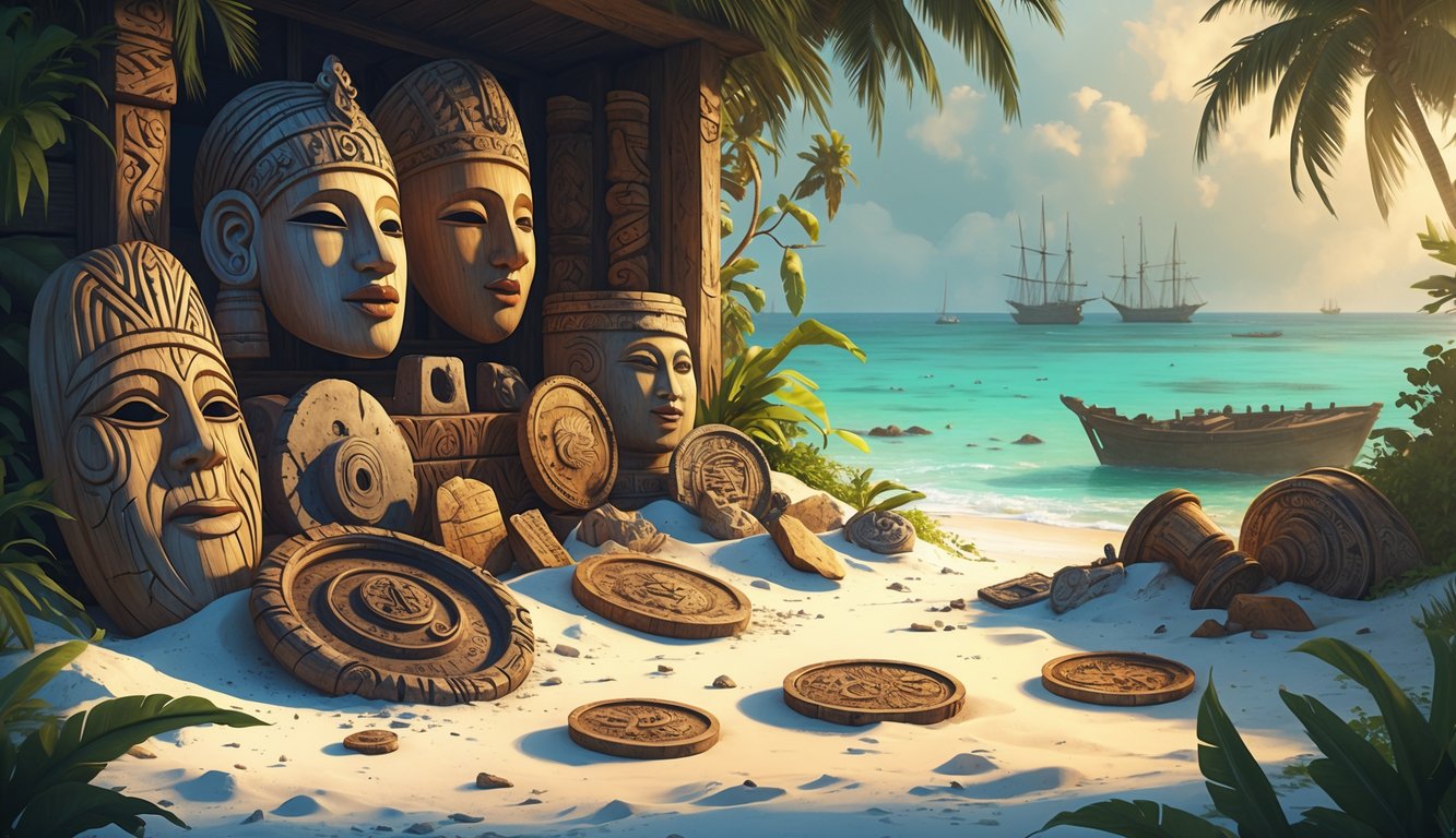 A collection of rare historical artifacts from the Bahamas displayed on white sand near the ocean, with shipwrecks visible underwater and tropical plants surrounding the scene.