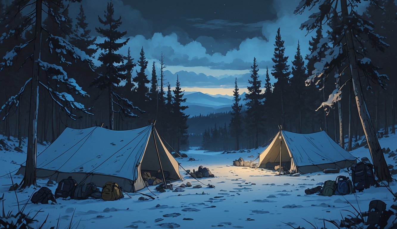 A snowy forest campsite with abandoned tents and scattered belongings, footprints leading into the dark woods, and distant mountains under a cloudy sky.