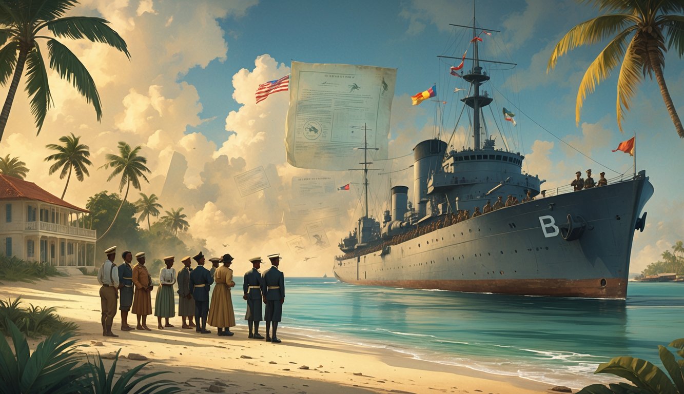 A group of early 20th-century Bahamian people near a tropical shore with a World War I naval ship anchored nearby and colonial buildings in the background.