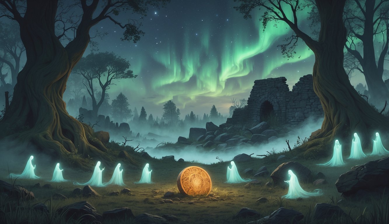 A misty forest in Belarus with ancient ruins, glowing artifact, and ghostly figures representing mythical creatures from Belarusian folklore.