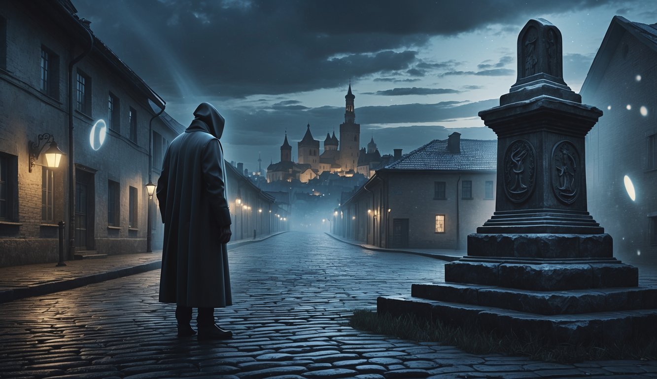 A shadowy figure stands near an ancient stone monument on a cobblestone street in old Minsk at dusk, with ghostly lights and old buildings in the background under a cloudy sky.