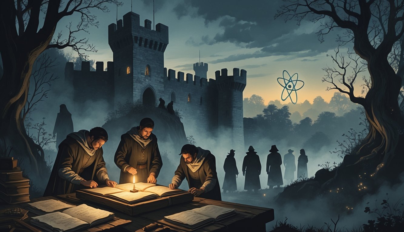A misty medieval castle with shadowy figures, historians examining ancient artifacts by candlelight, a dark forest with glowing light, and the Atomium structure in the background.