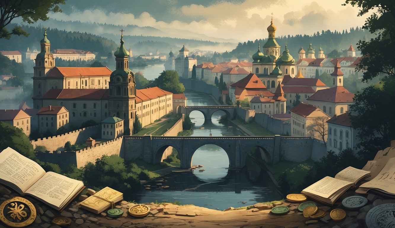 A panoramic view of historic buildings and ancient landmarks from Vitebsk and Zaslavl, with archaeological artifacts and a misty river in the background.