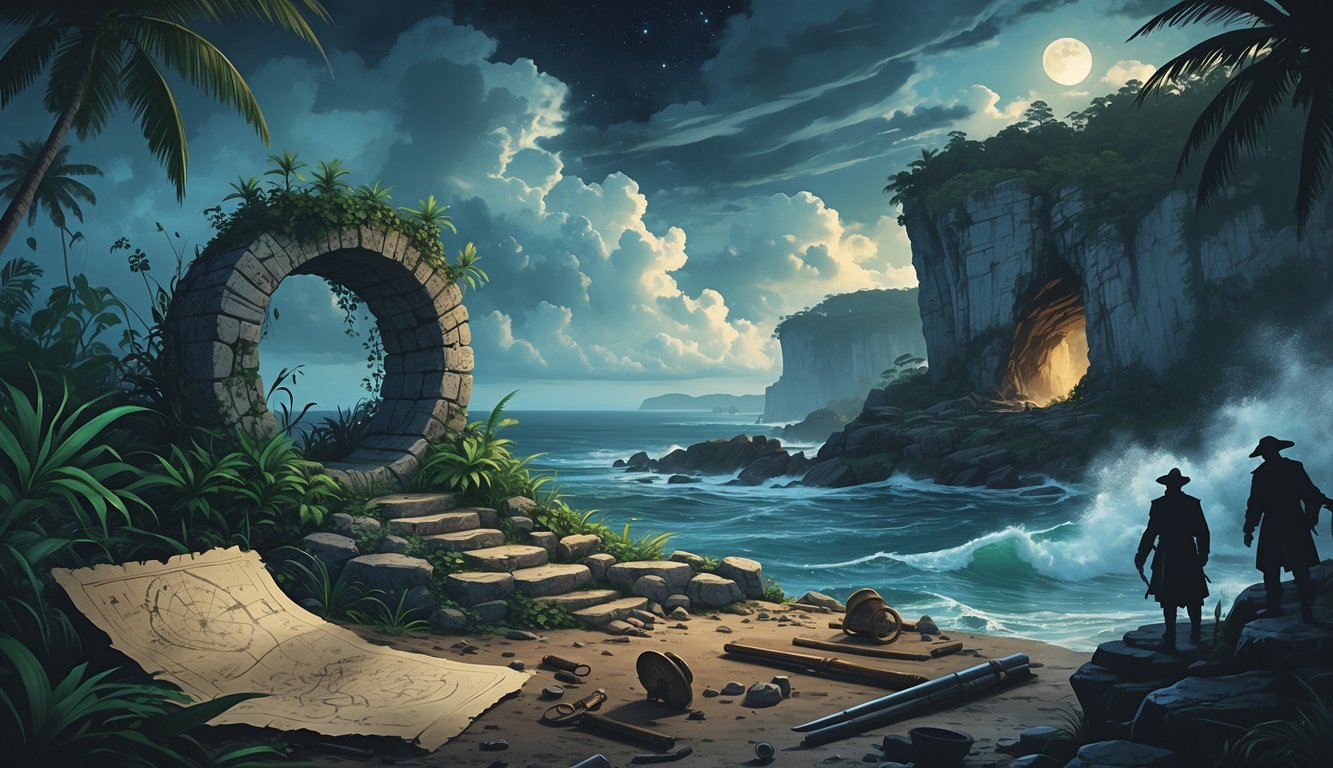 A coastal scene in Barbados showing an ancient stone circle near cliffs with waves, archaeological tools on the ground, and faint silhouettes of historical figures in mist by a cave entrance.