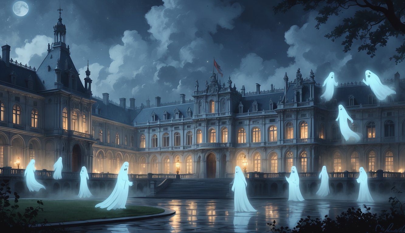A grand palace at dusk with ghostly figures drifting around its grounds and windows, surrounded by mist and dark clouds.