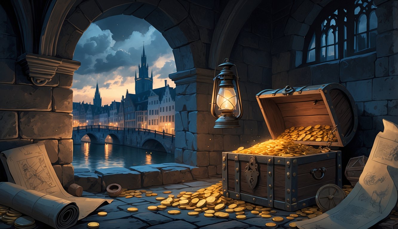 A medieval chamber in Bruges with an old treasure chest partly open, showing gold coins and jewels, with historic buildings and canals visible through a window at dusk.