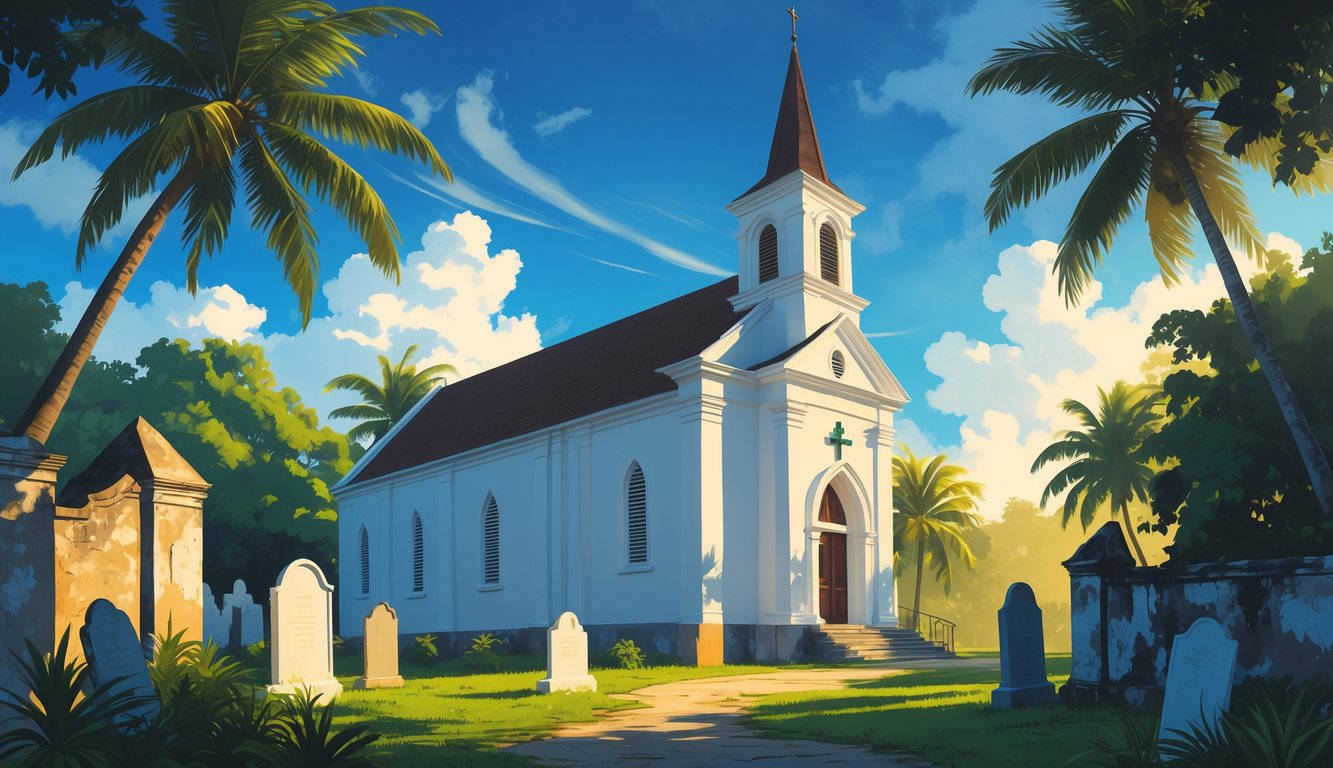 Christ Church Parish Church in Barbados surrounded by tropical trees and old gravestones, with faint ghostly figures suggesting historical mysteries.