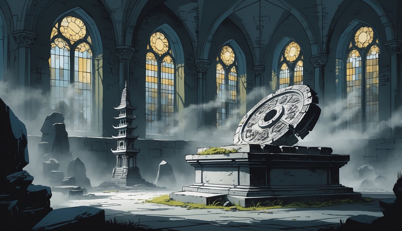 A dimly lit castle chamber in Belgium with an ancient Asian artifact on a stone pedestal surrounded by fading outlines of Asian temples and gothic architecture.