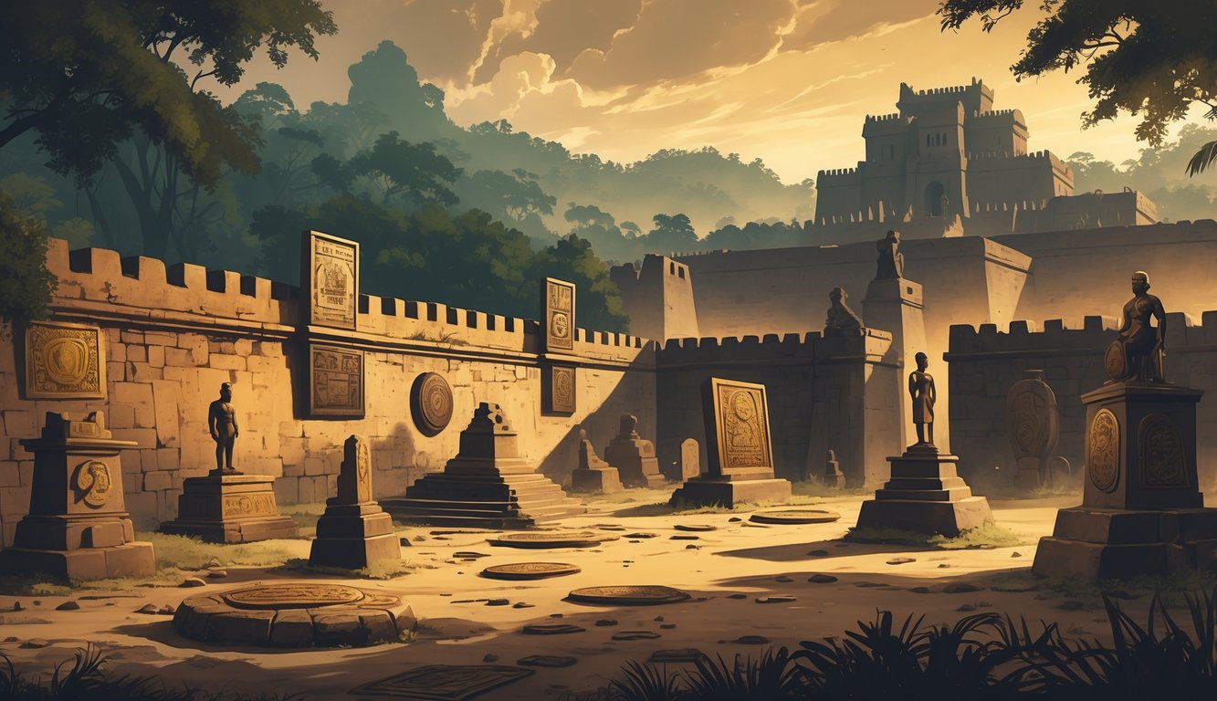 An illustration showing ancient Benin City walls, Benin Bronzes, and the Oba's palace surrounded by a tropical forest with mysterious glowing symbols and ghostly figures.