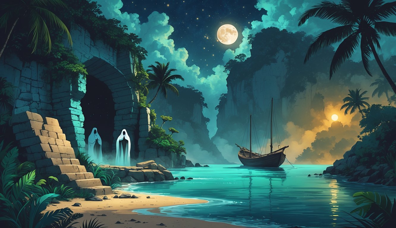 A twilight scene of Barbados with ancient ruins, tropical plants, ghostly figures, a wooden boat on calm water, and a glowing full moon in the sky.