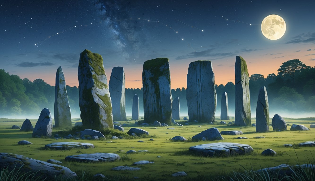 A twilight scene showing large ancient stone standing monuments in a misty field surrounded by trees, with a glowing full moon and faint stars in the sky.