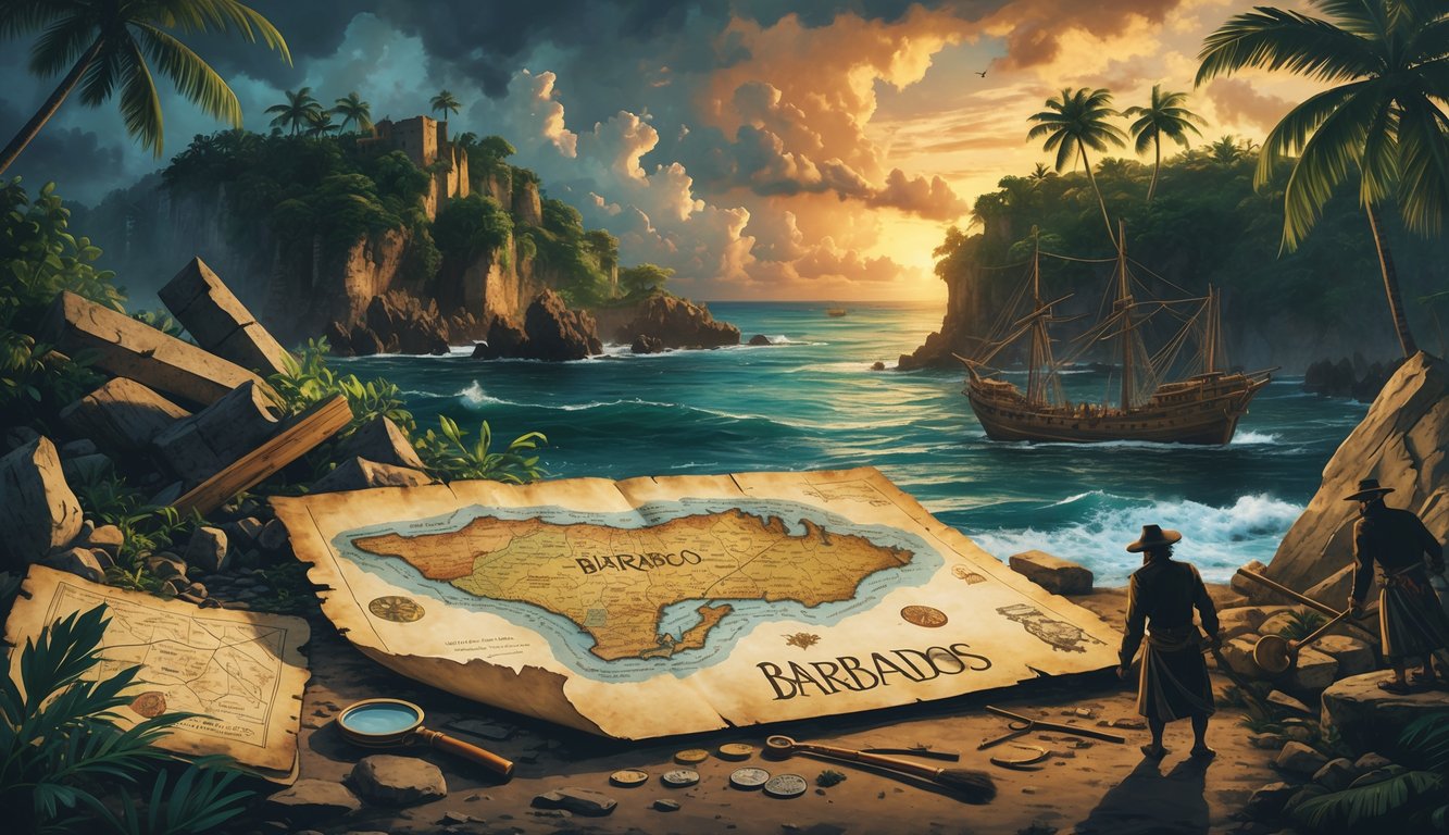 A collage showing an ancient map of Barbados, mysterious ruins, a shipwreck near the coast, historical figures, and scattered artifacts under a dramatic sky.