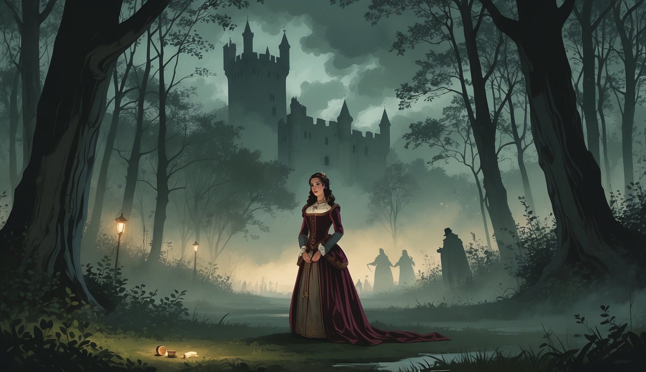 A noblewoman stands in a foggy medieval forest near a castle, surrounded by shadows and mist, suggesting a mysterious disappearance.