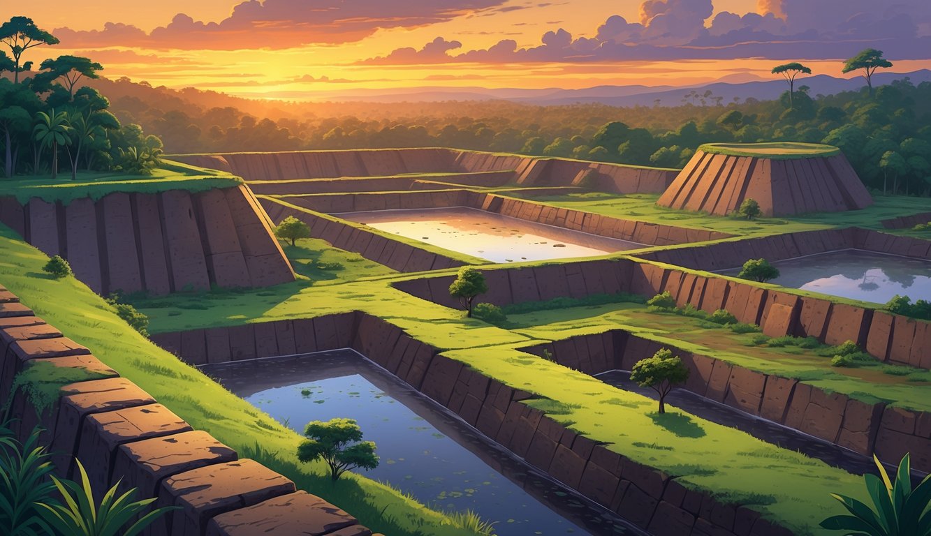 An ancient landscape showing large earthen moats and ramparts surrounded by green vegetation and forest under a colorful sunset sky.