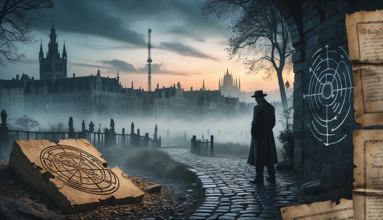 A mysterious scene showing ancient artifacts, a medieval cityscape, a futuristic building, and a person examining cryptic symbols near a forest, representing Belgium's unsolved historical mysteries.