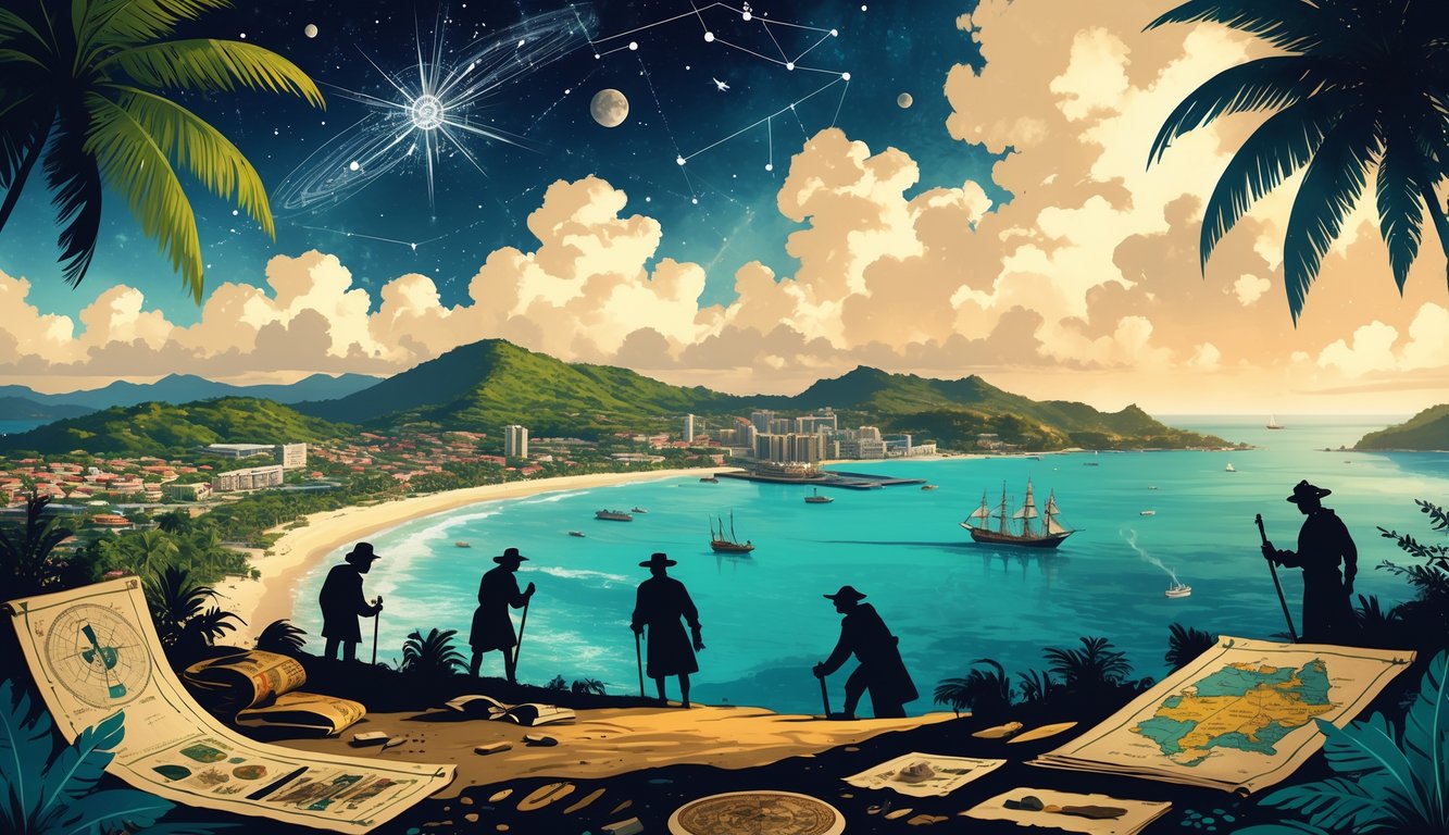 A panoramic view of Barbados with historic landmarks, ancient artifacts, and figures exploring mysteries under a starry sky.