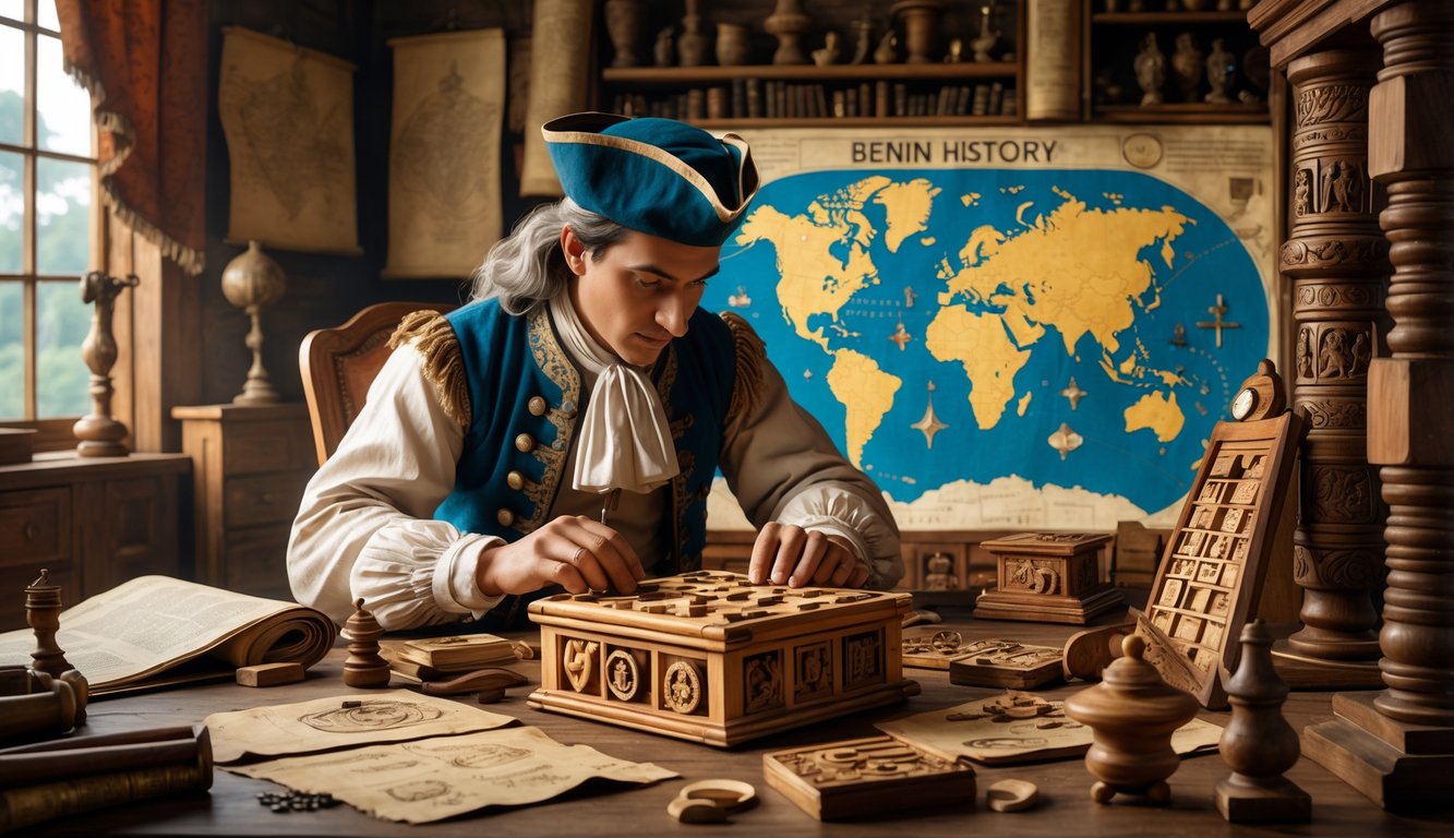 An explorer studies ancient Beninese artifacts and a puzzle box in a room filled with maps and cultural items.