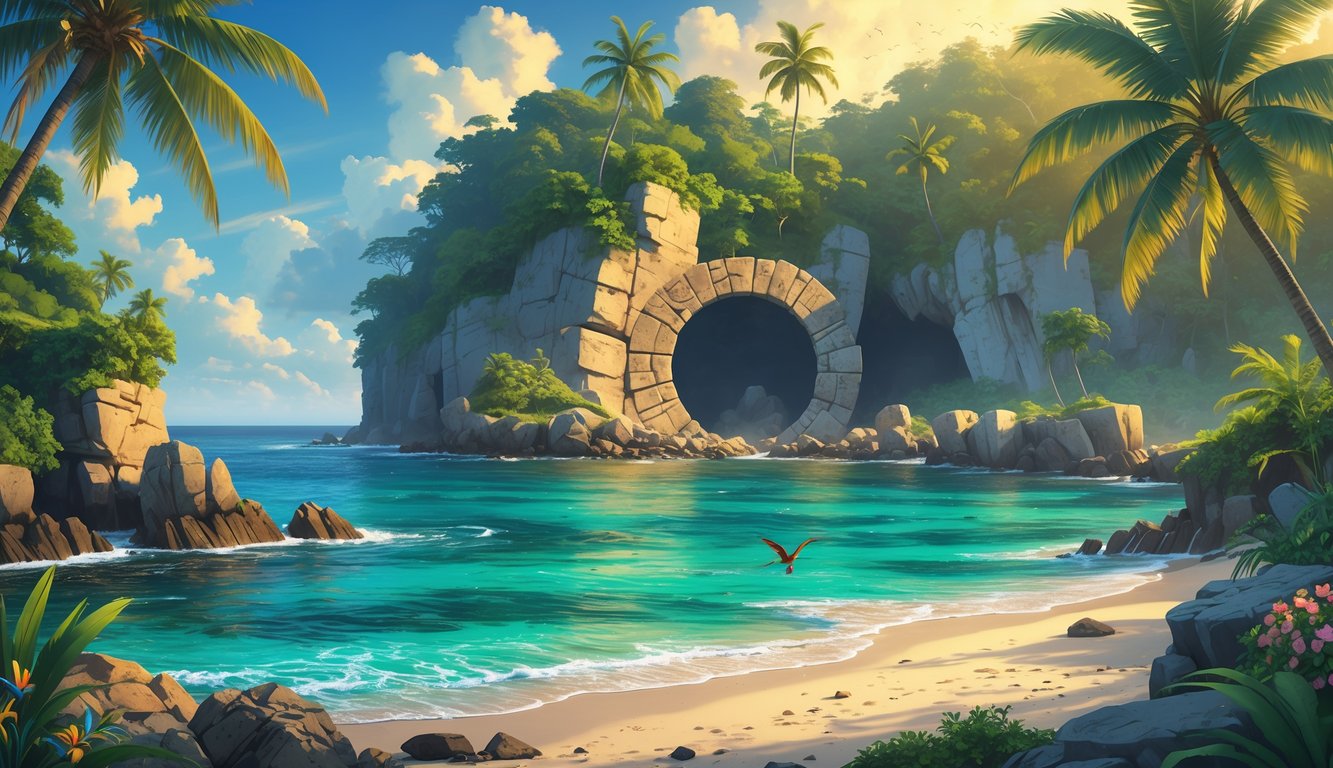 A tropical coastal scene in Barbados showing rocky shores, turquoise water, lush vegetation, ancient stone carvings, and a hidden stone circle surrounded by jungle.