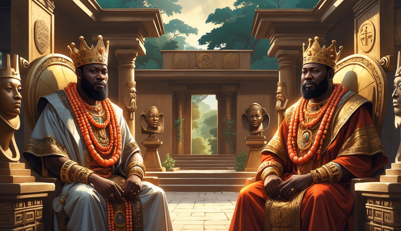 Two regal Benin kings dressed in traditional royal attire standing in a palace courtyard surrounded by ancient bronze sculptures and ornate architecture.
