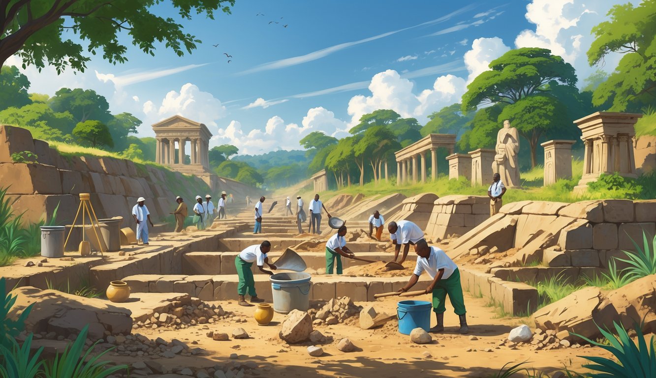 Archaeologists excavating ancient artifacts and ruins in a lush outdoor site in Benin surrounded by greenery and traditional structures.