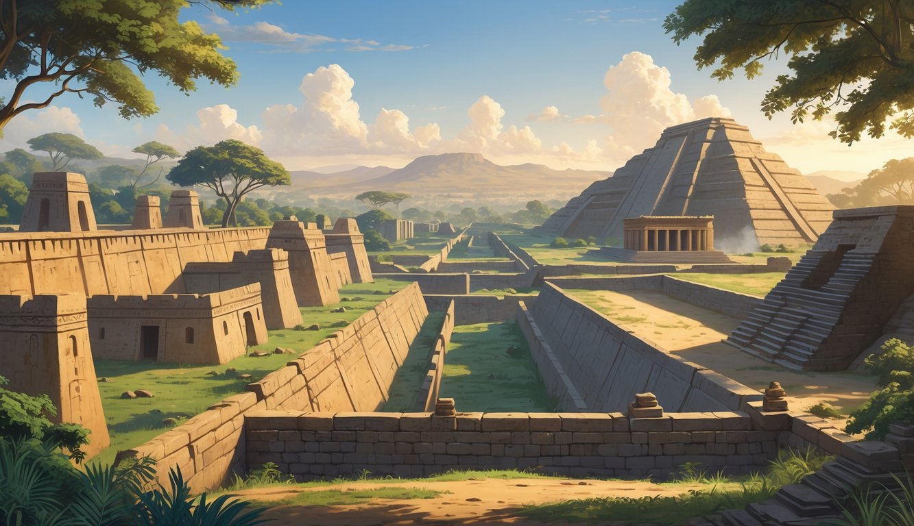 A panoramic view showing ancient Benin City walls and moats alongside other historic African sites like Great Zimbabwe ruins and Meroë pyramids, surrounded by trees and natural landscape.