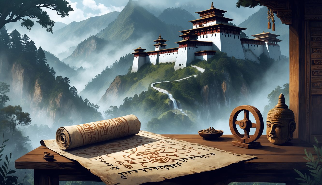A Bhutanese fortress on a cliff surrounded by misty mountains and forests, with an ancient manuscript and traditional artifacts on a wooden table in the foreground.