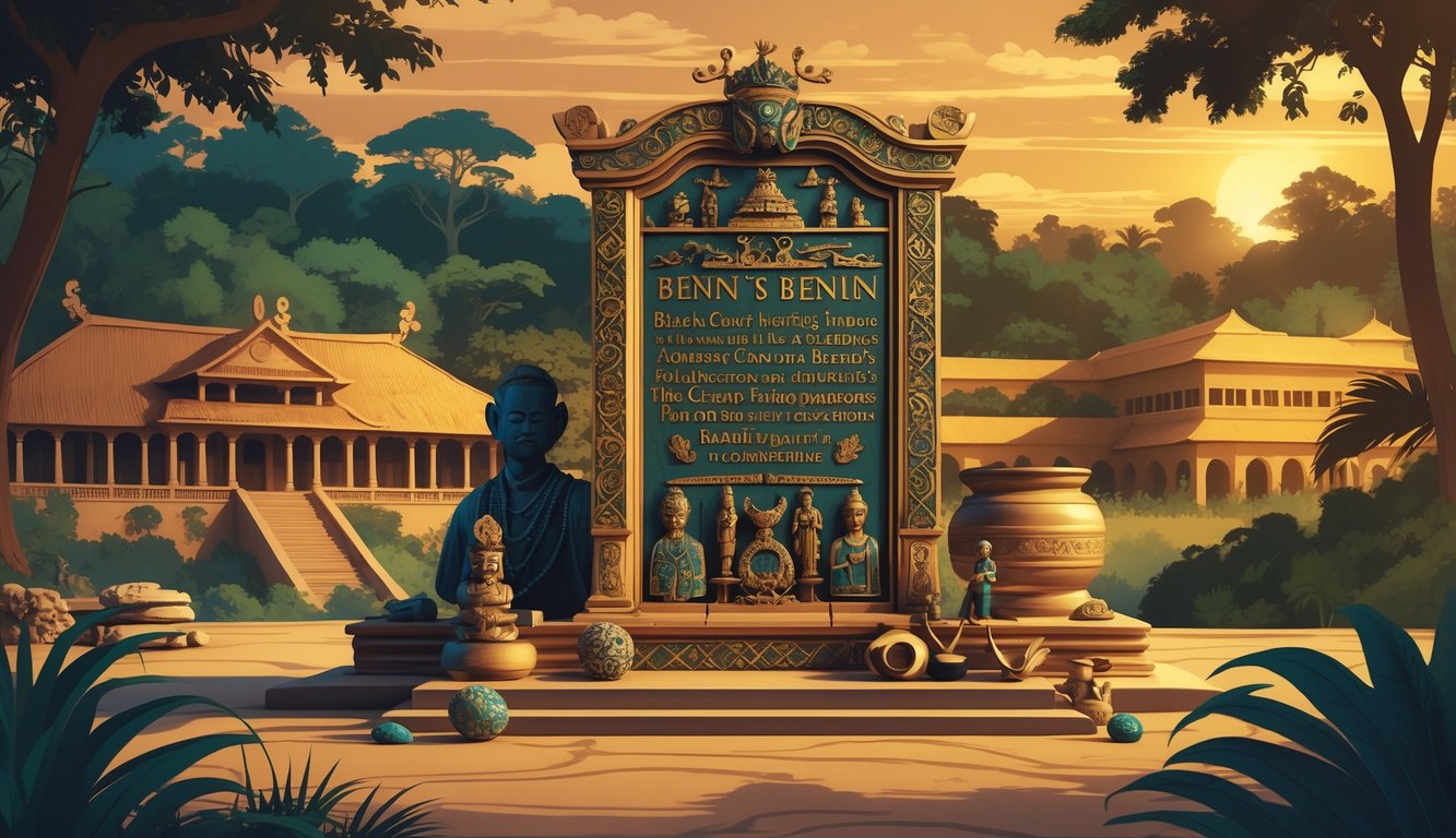 An ancient bronze plaque from Benin surrounded by traditional palace architecture, artifacts, and shadowy figures set against a tropical forest and sunset.