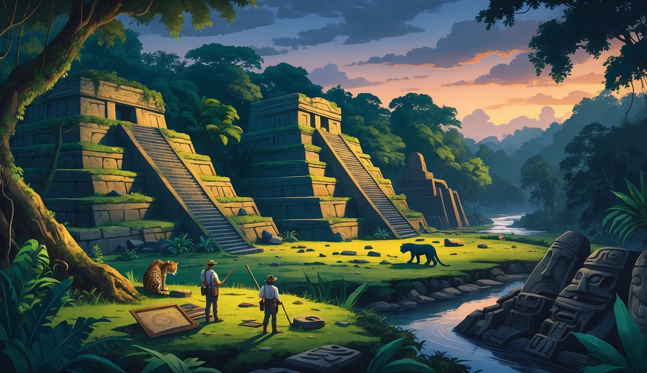 A jungle scene with ancient Mayan ruins, archaeologists examining artifacts, and a jaguar nearby under a twilight sky.