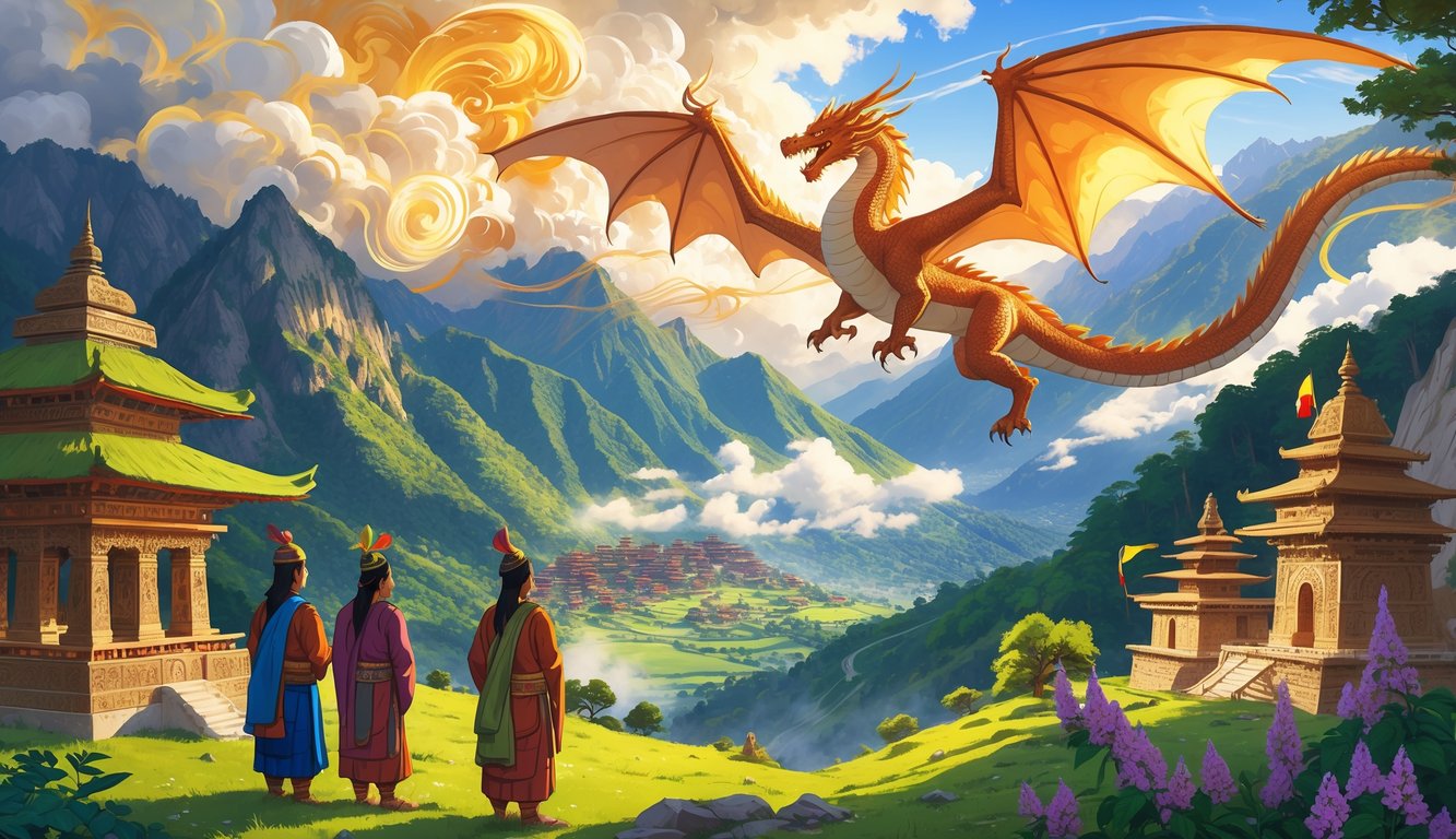 A dragon flying over Himalayan mountains with traditional Bhutanese buildings and people watching below.