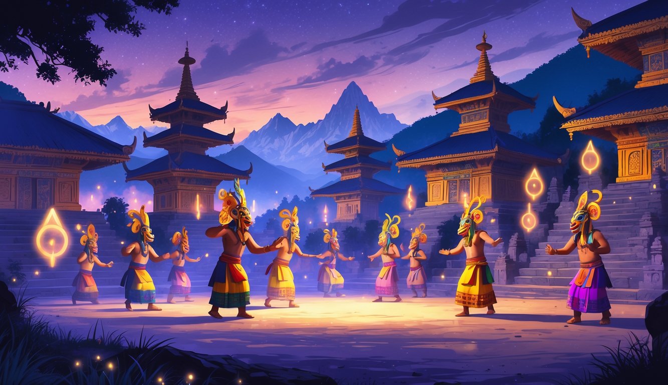 Masked dancers in colorful robes perform a traditional Bhutanese festival dance in front of ancient temples with mountains in the background under a twilight sky.