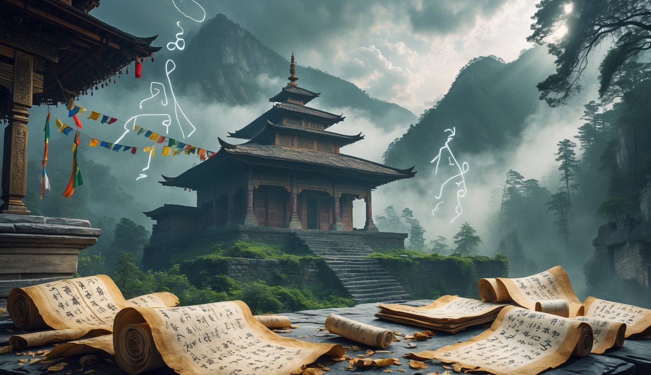 An ancient Bhutanese monastery in the misty Himalayan mountains with old faded manuscripts on a stone altar, surrounded by forests and mountains under a cloudy sky.