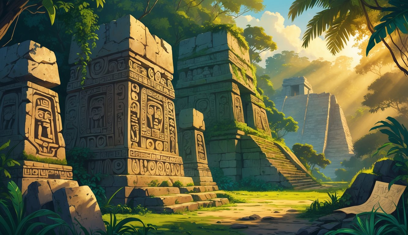 An ancient Mayan archaeological site in a dense jungle with stone monuments covered in intricate carvings, surrounded by tropical plants and partially visible pyramids in the background.