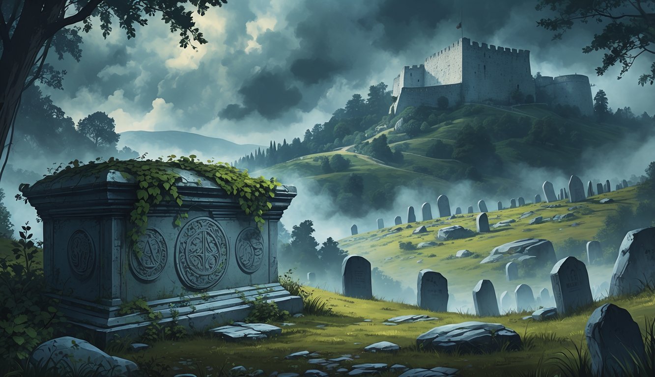 A misty forest with an ancient stone tomb, a medieval fortress on a hill, scattered old tombstones, and a hidden cave entrance in rocky terrain.