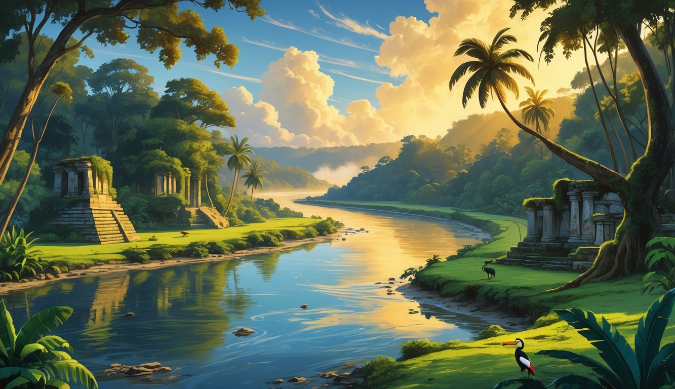 A wide river flowing through a dense tropical forest with ancient ruins partially visible on the riverbank and native animals nearby under a misty sky.